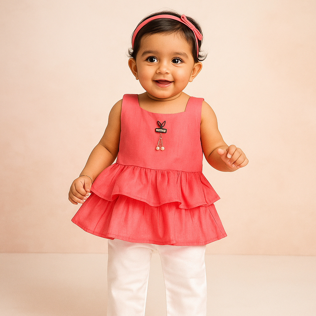 Child wearing a pink ruffled top and white pants on a beige background