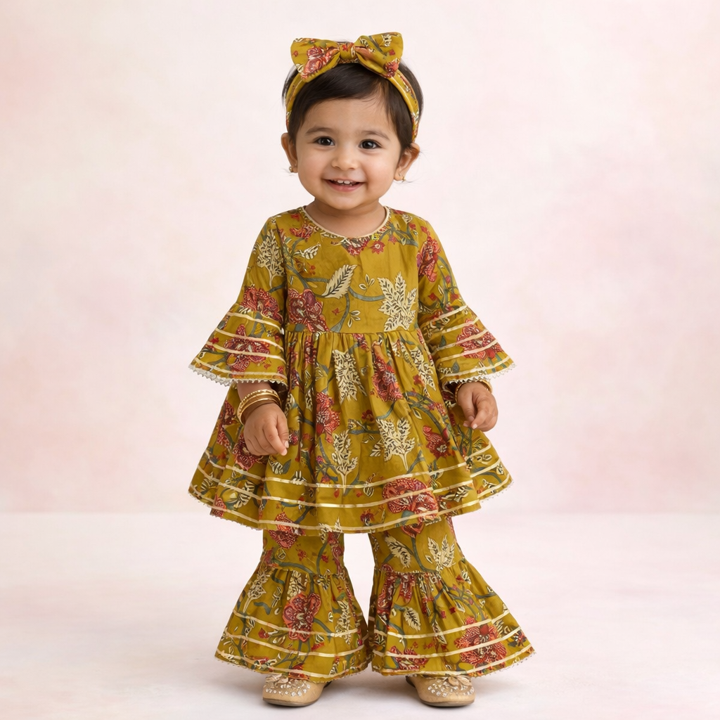 Child wearing a yellow floral outfit with a matching headband on a light pink background