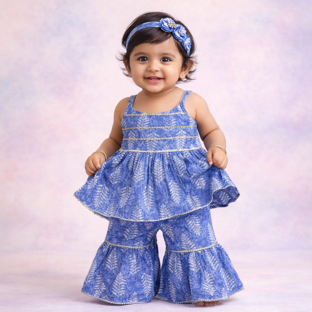 Baby wearing a blue outfit with ruffled pants and a matching headband on a light purple background