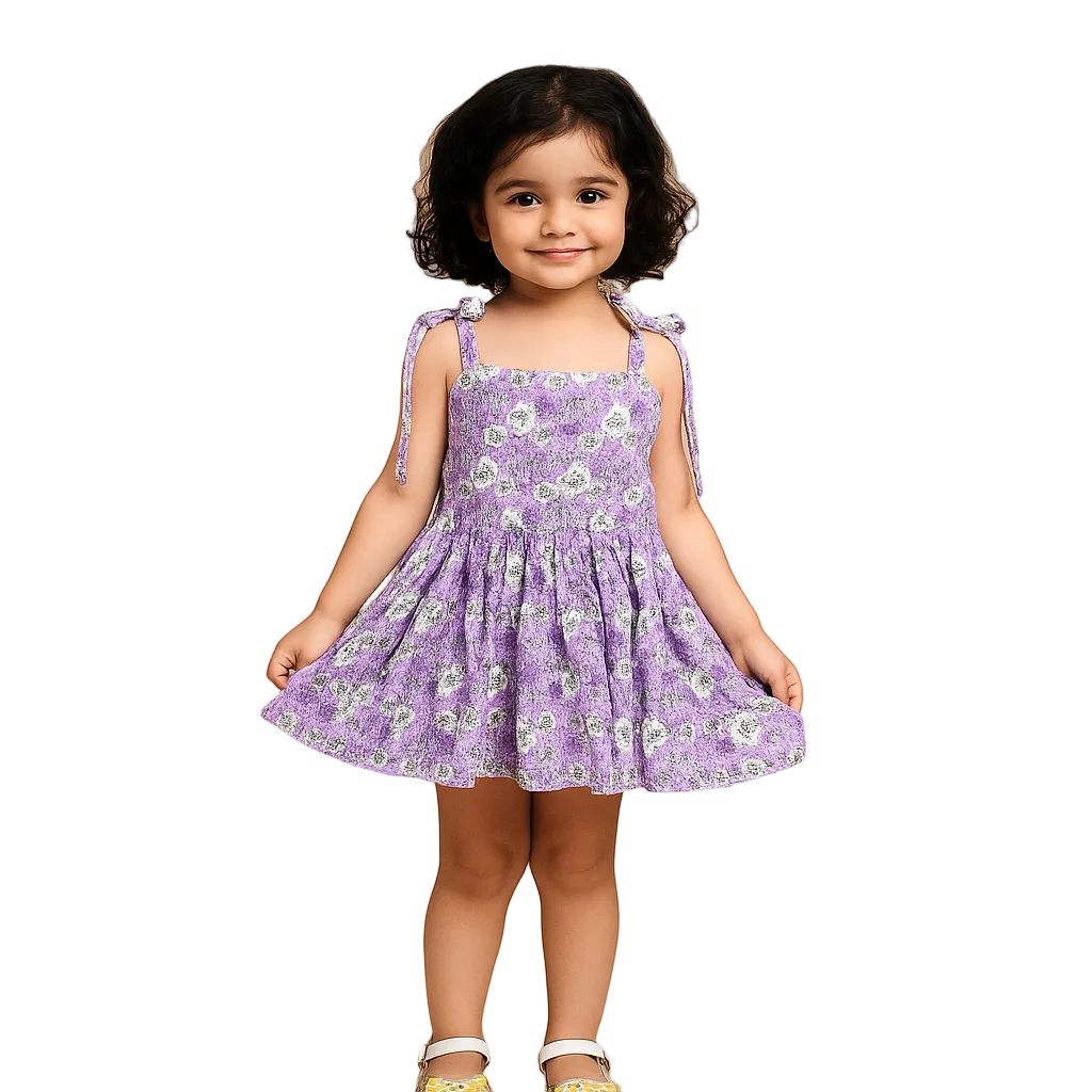 Young girl wearing a purple floral dress against a beige background