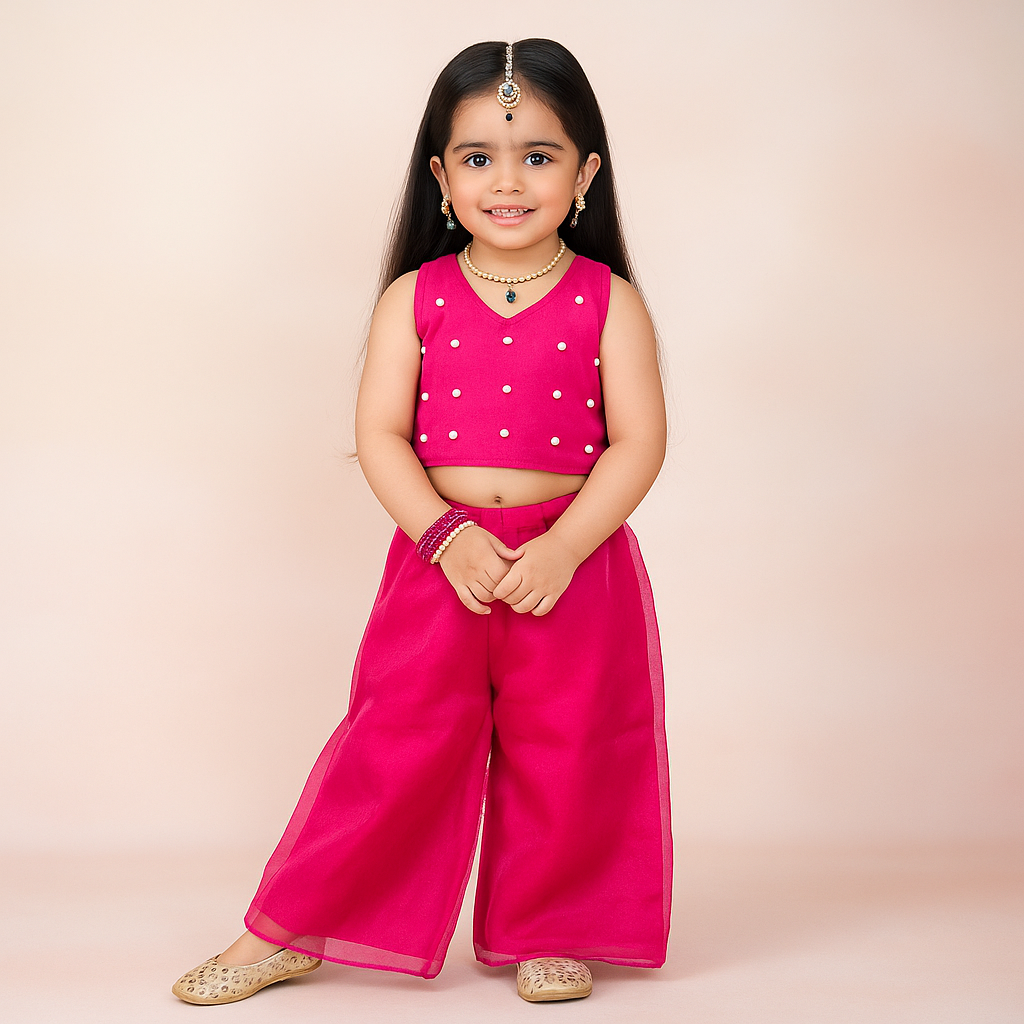 Young girl in a pink traditional outfit with a polka dot top and wide-leg pants on a beige background