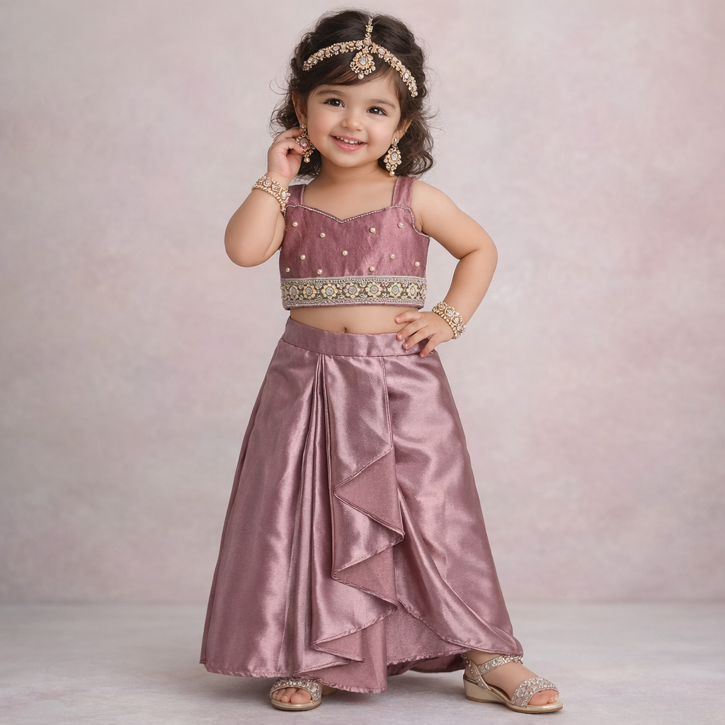 Young girl in a pink traditional outfit with jewelry against a light pink background