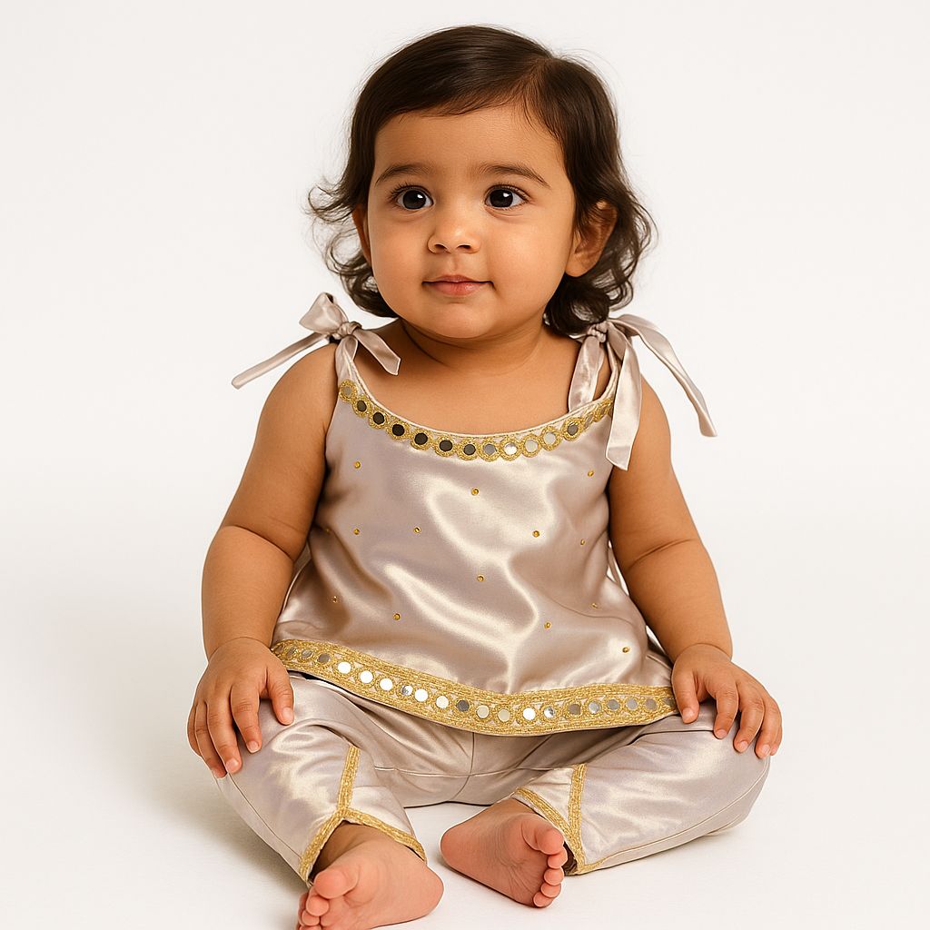 Baby wearing a traditional outfit with gold accents on a white background