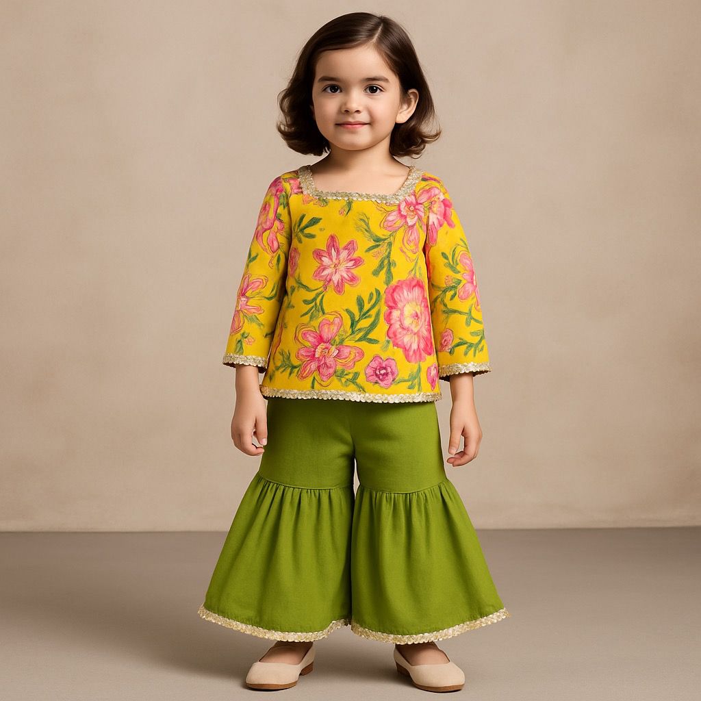 Young girl wearing a yellow floral top and green pants against a beige background