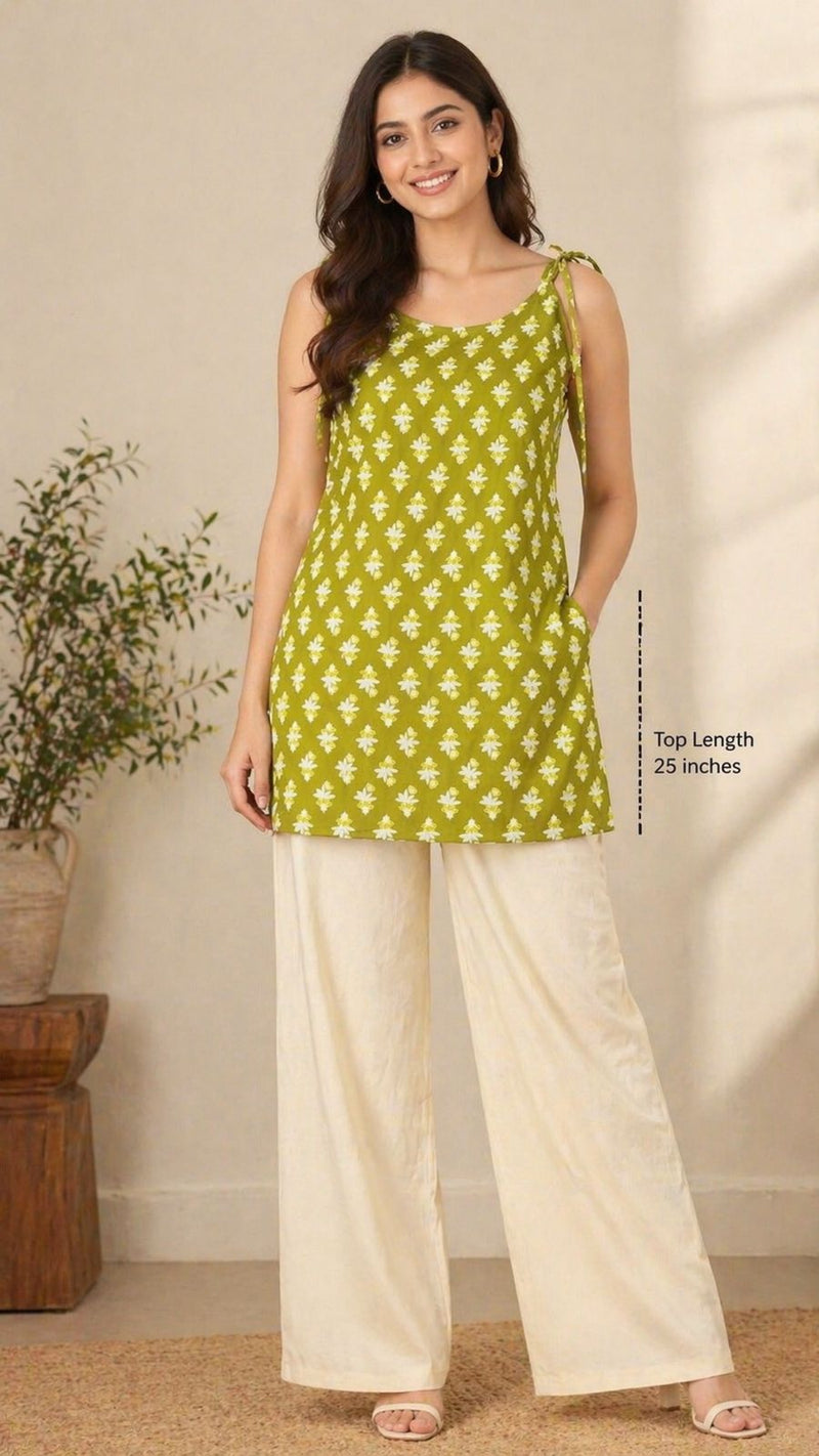 Floral Print Sleeveless Straight Kurti Set