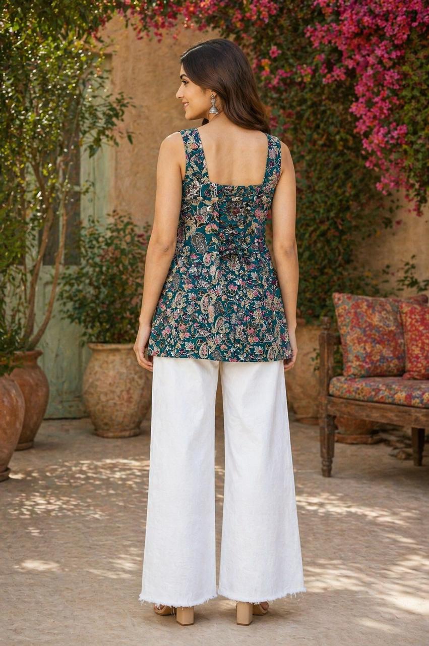 Floral Print Sleeveless Peplum Kurti