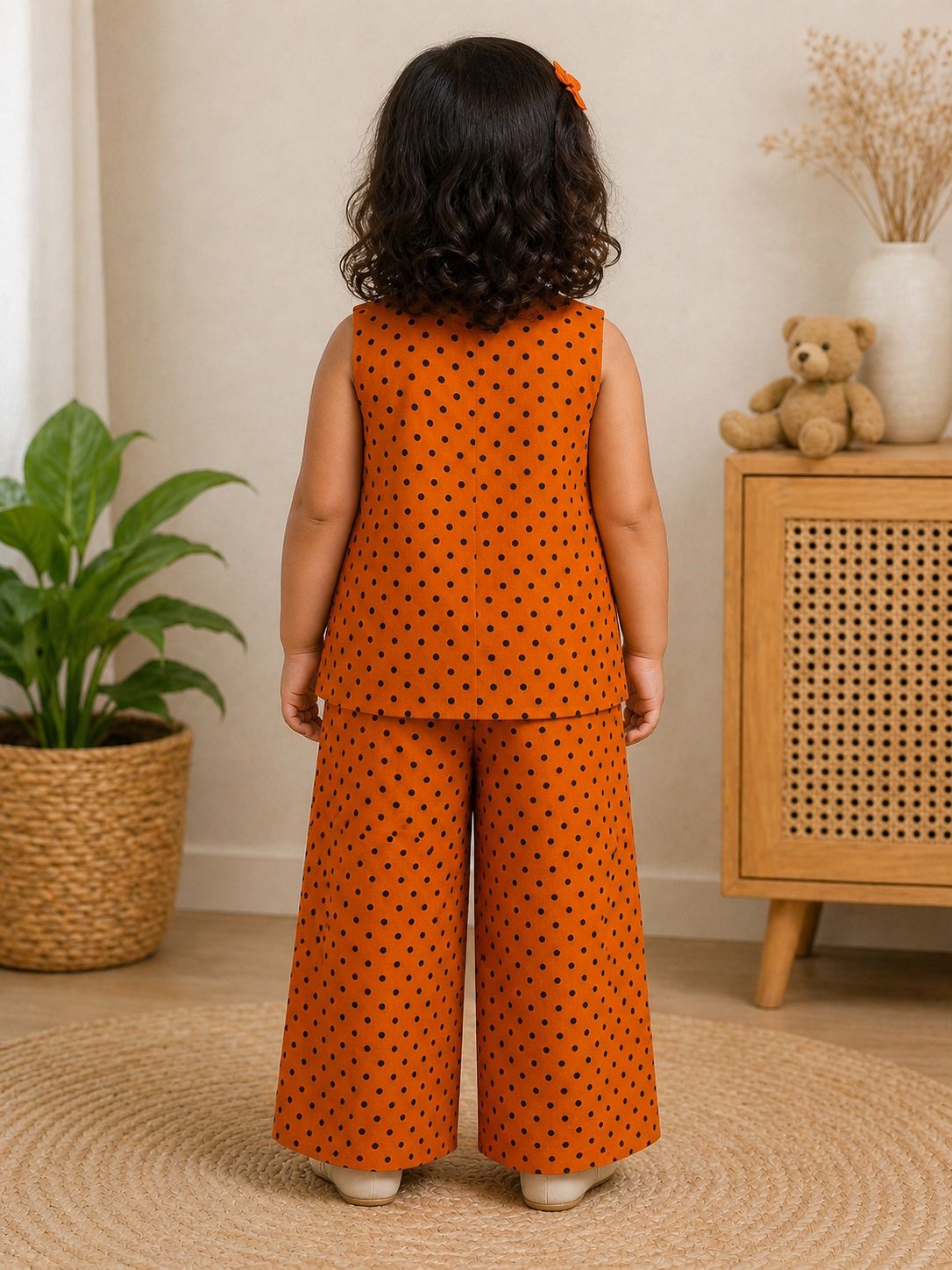 Orange Polka Dot Sleeveless Girls Co-Ord Set