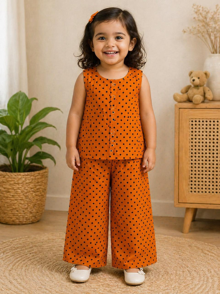 Orange Polka Dot Sleeveless Girls Co-Ord Set