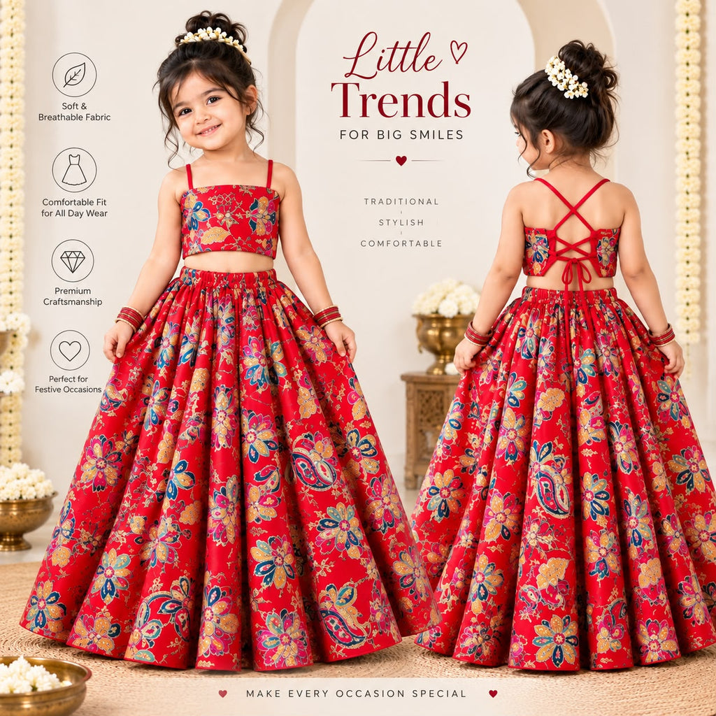 Little Trends Floral Printed Girls Lehenga Choli Set