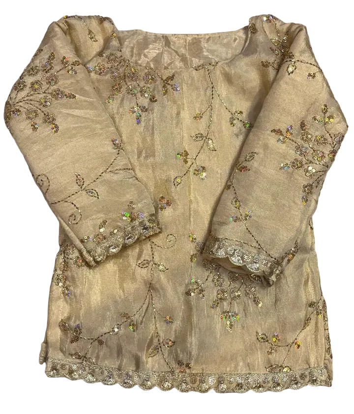 Beige embroidered jacket on a textured gray background