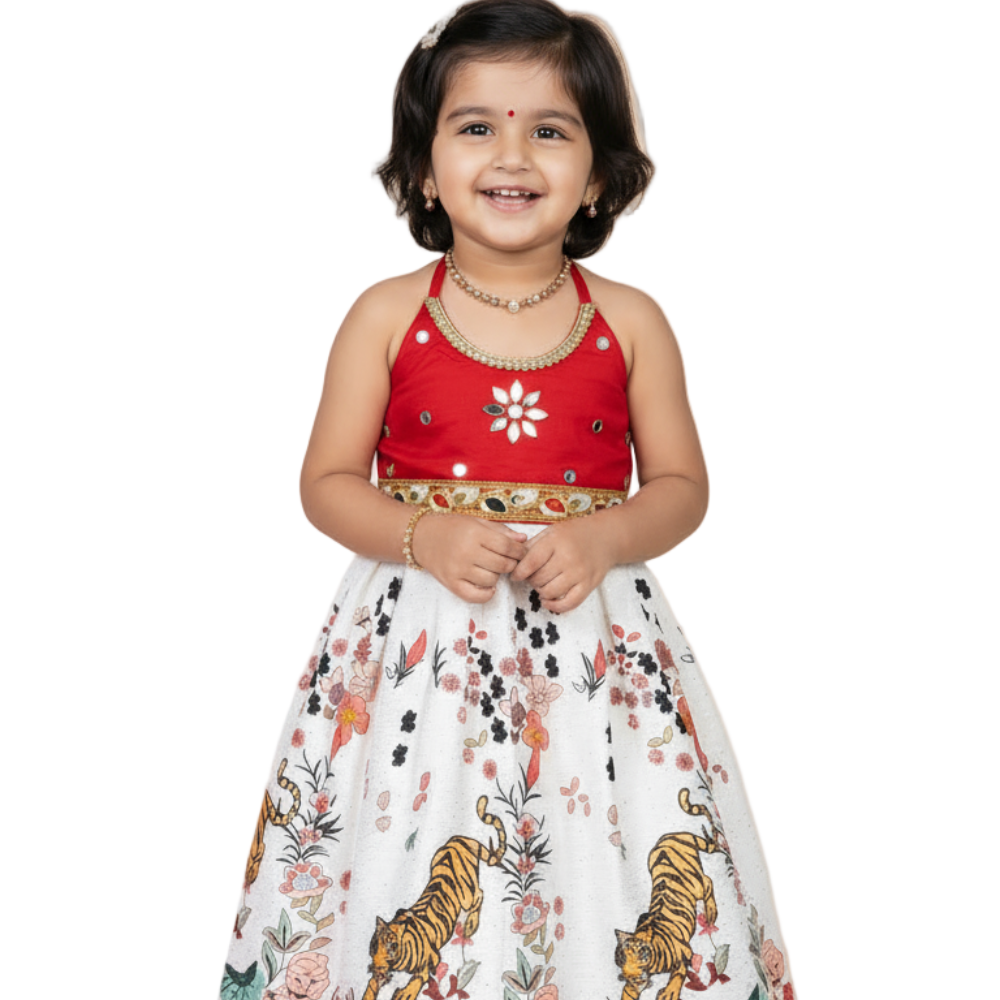Young girl wearing a red top and floral skirt on a beige background